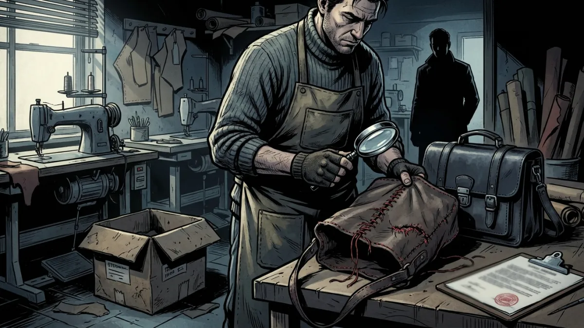 Un artisan maroquinier examine avec déception une copie de mauvaise qualité de son produit reçue par colis